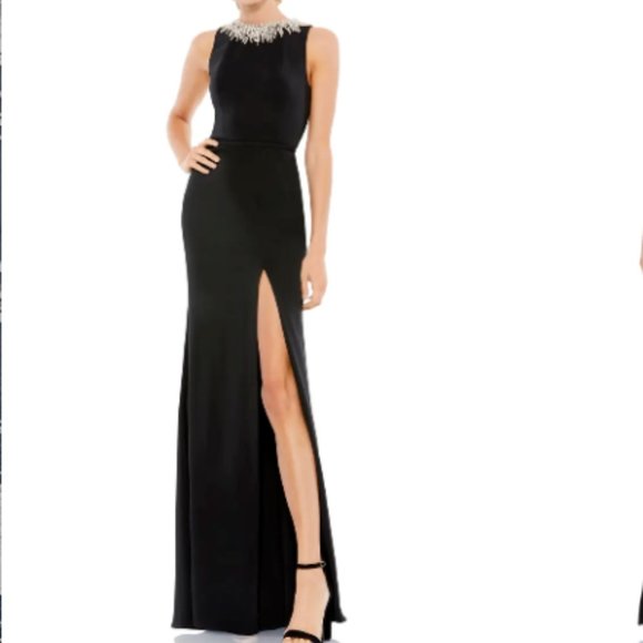 MAC DUGGAL BEADED COLLAR THIGH SLIT BLACK COUMN GOWN sz 12 - Picture 1 of 5